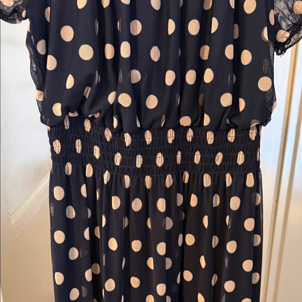 Kate And Lily Navy Polka Dot Midi Dress with Sheer Short Sleeves 6P - Picture 6 of 9